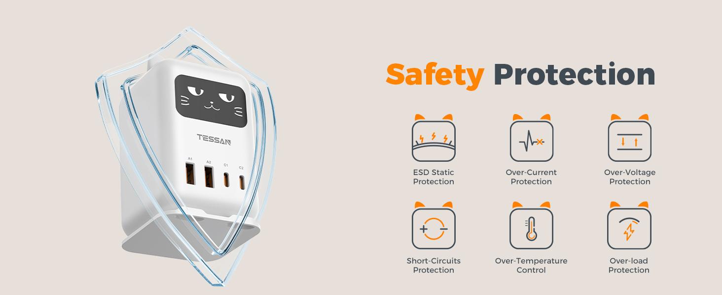 Tessan PD 65W Lucky Cat USB Charging Station for Multiple Devices, Desktop Tower Cat-Shaped Charging Companion with 4 USB Ports for Smartphones, Tablets, Pads and Other Electronic Devices in Office Home Dormroom