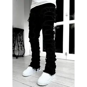 Men Trousers Individual Patched Pants Long Tight Fit Stacked Jeans Mens Clothing