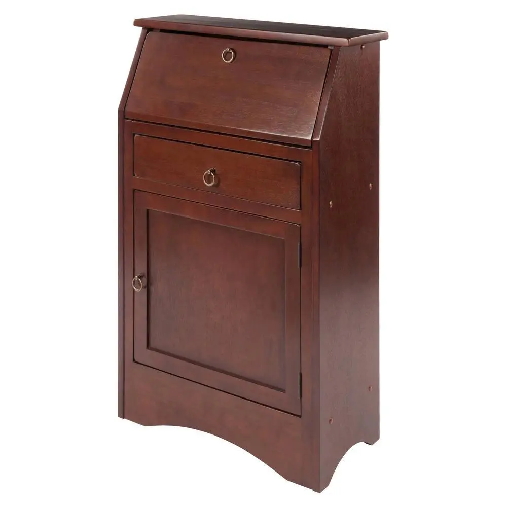 Vintage Wooden Compact Walnut Secretary Desk - Classic Roll Top Office Furniture with Hidden Storage