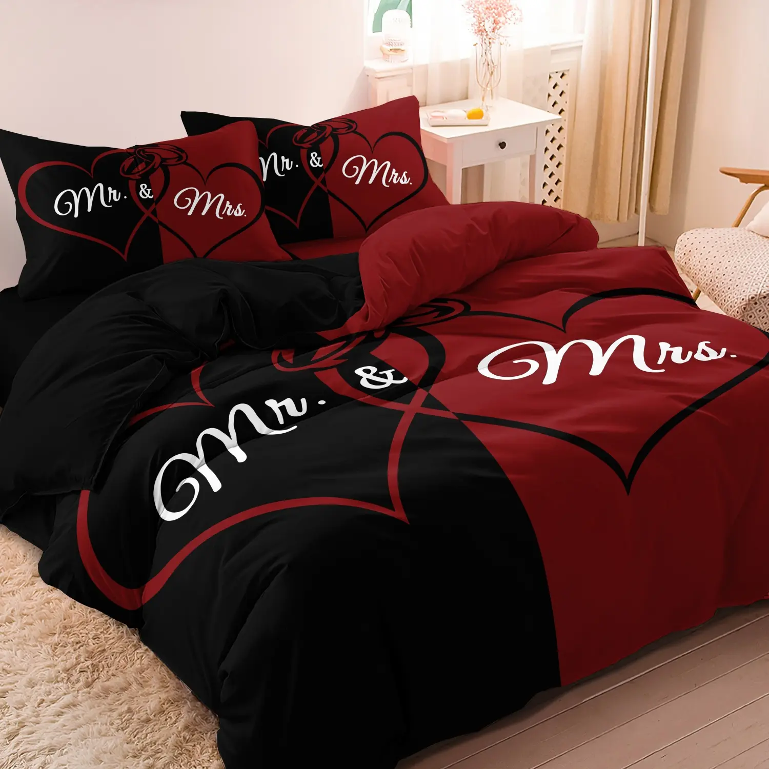 3pcs Couple Love Heart Rose Printing Duvet Cover Set, Decorative Duvet Cover, Included 1 Duvet Cover + 2 Pillowcase, No Comforter/Pillow Core, All-Season High-Definition Print For Home And Dormitory, Dorm Room Essentials, Bedroom Decor