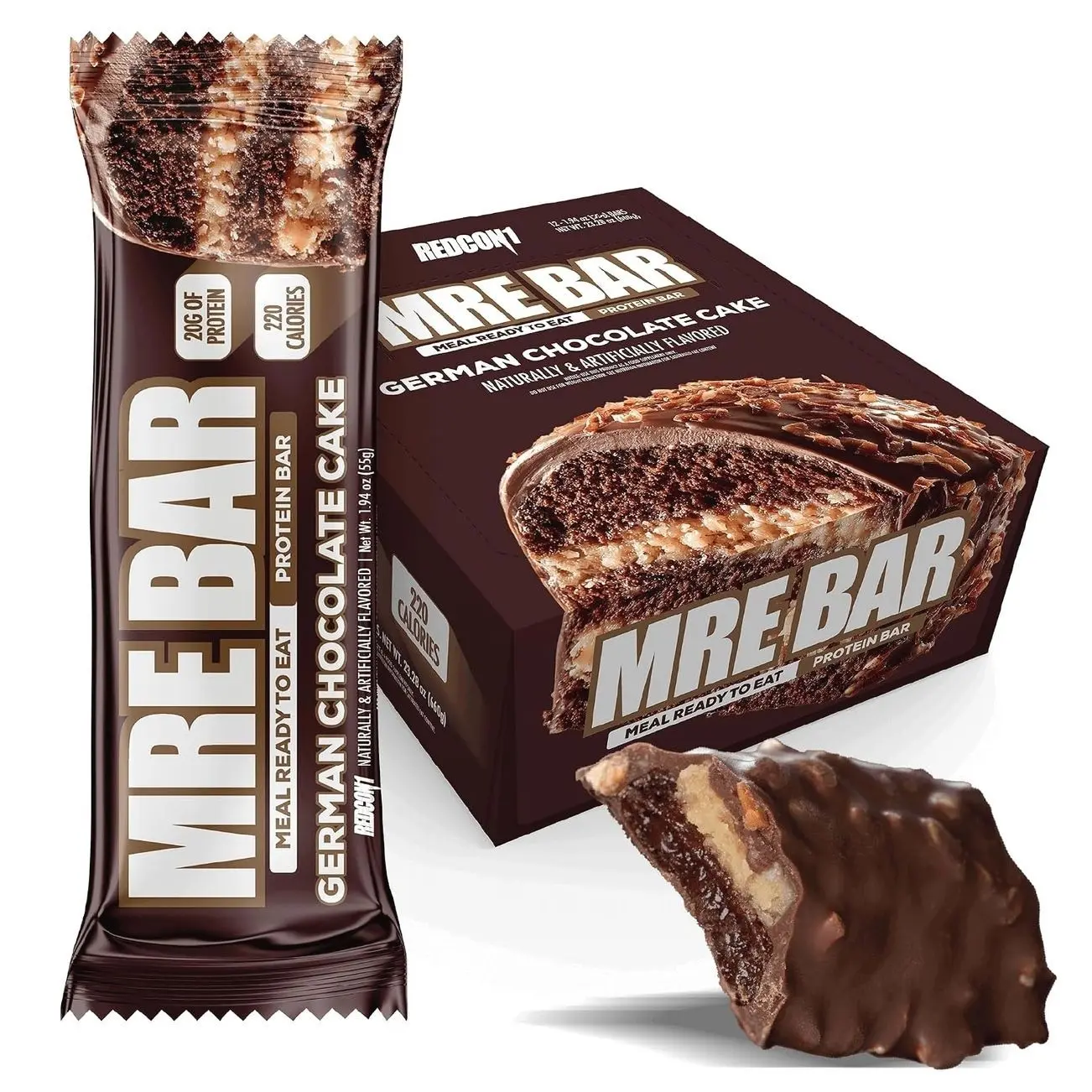 REDCON1 MRE Protein Bars German Chocolate Cake - 12 Count, 20g High Protein Snack - Nutrition Bar - On-The-Go Breakfast or Post-Workout Snack