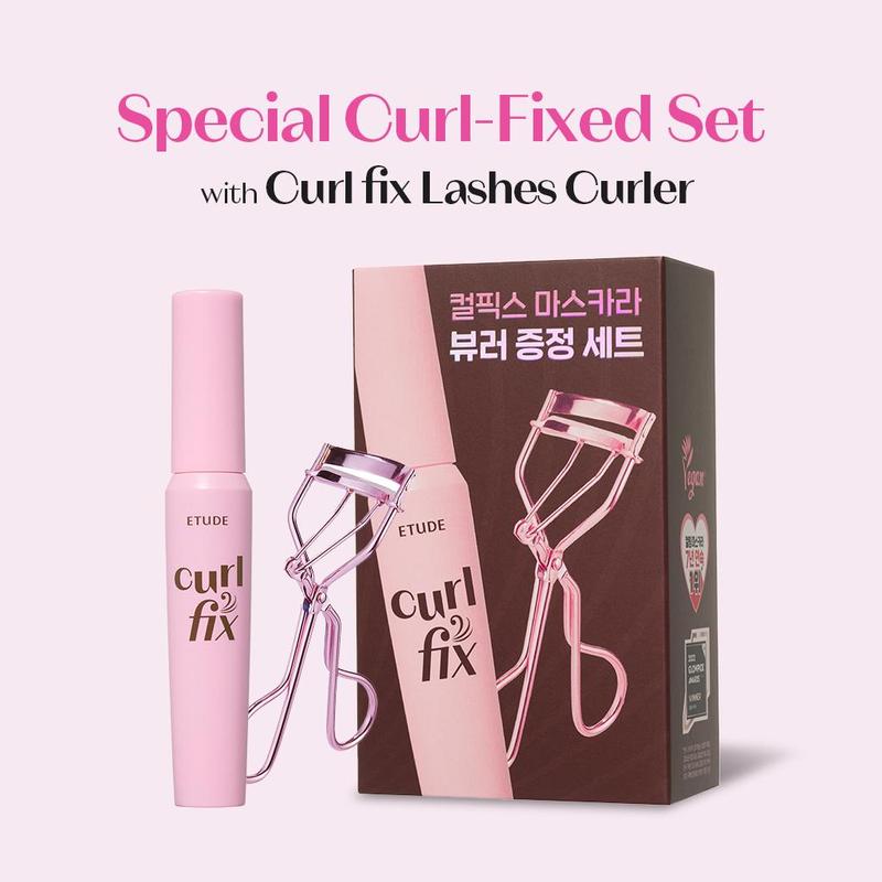 [ETUDE Official] Curl Fix Mascara & Curler Set #02 BROWN + Contour Powder #03(Illuminator) & Brush Set | 24H Smudge Proof | Waterproof | Volumizing & Lengthening