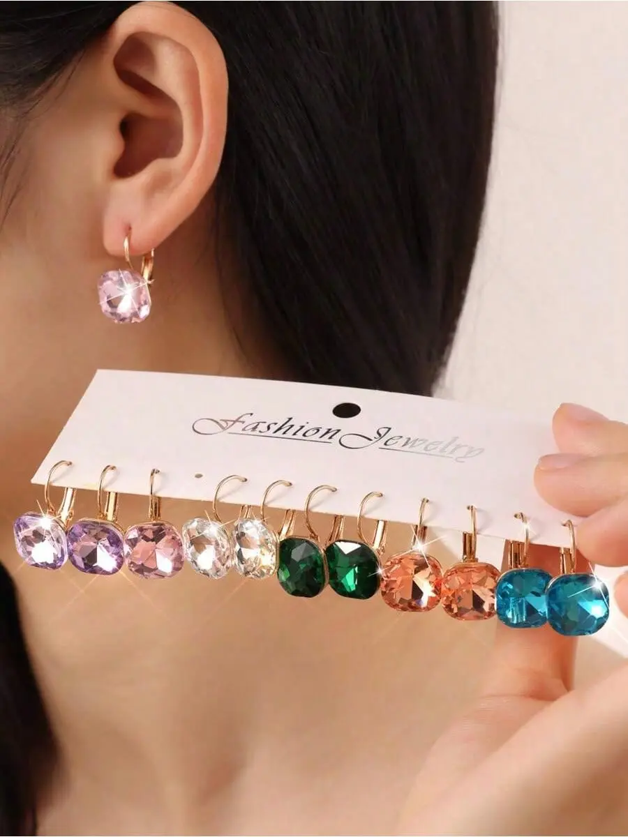 Assorted Colored Glass Crystal Earrings Set (6 Pairs) - Luxe Shine Dangle Earrings, Stylish Gift for Friends, Ideal for Daily Wear, Assorted Colored Earrings, Glass Crystal, Luxe Shine