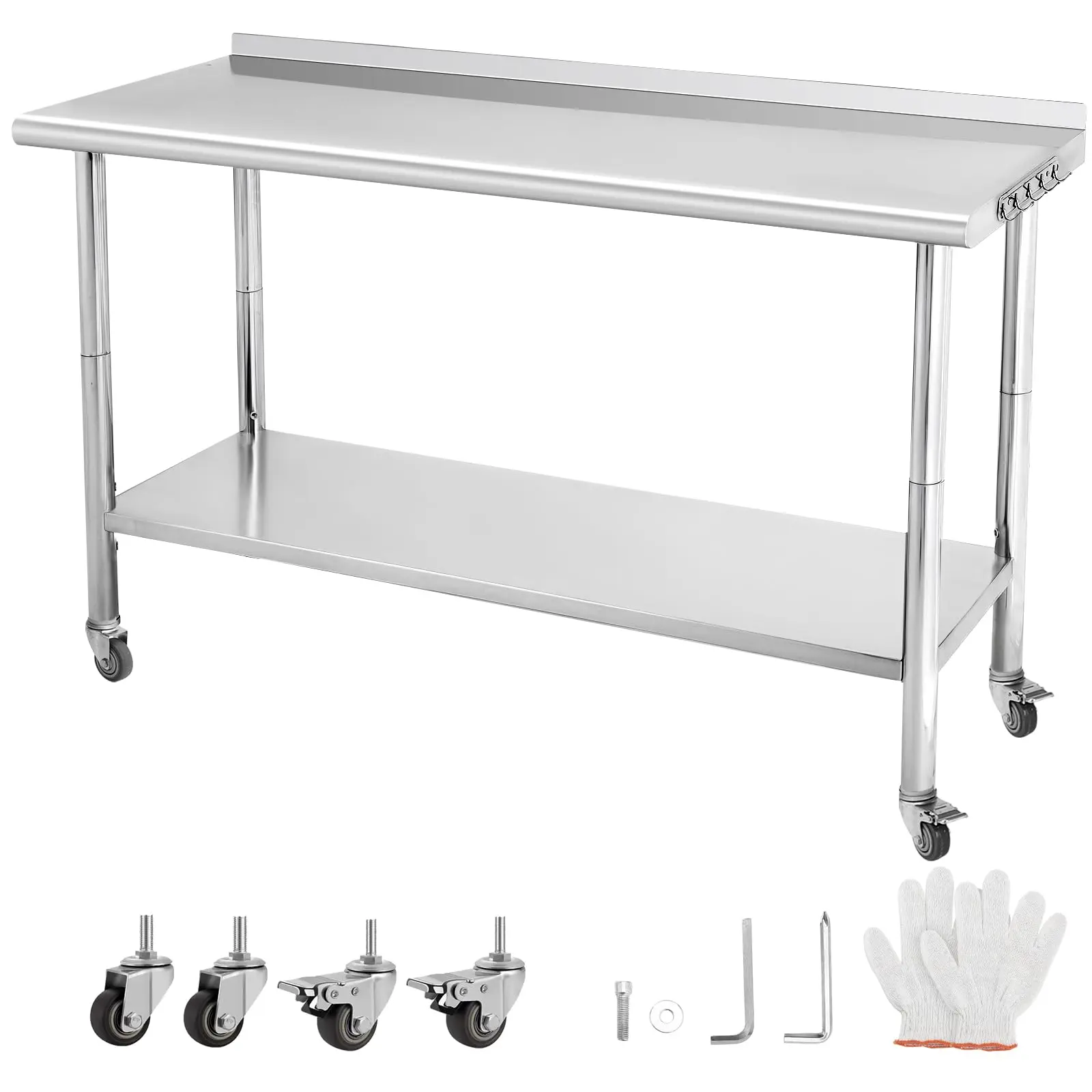GARVEE 60"x24" Stainless Steel Work Table with 4 Wheels & Hooks, 441 lbs Capacity, 3-Stage Adjustable Height Shelves for Kitchen & Workshop Use
