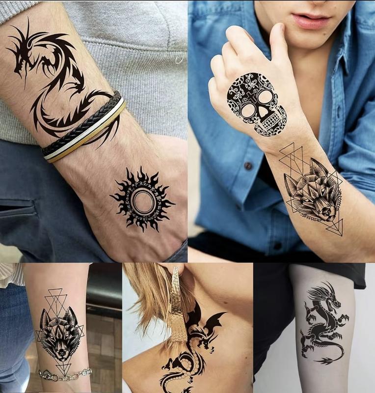 76 Sheets Large Black Temporary Tattoo Stickers - Tribal Wolves, Tigers, Lions, Snakes, Skulls, 12 Fake Tattoo Stickers for Men & Women Arm Designs