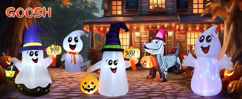 GOOSH 5 FT Outdoor Halloween Decor Inflatables Ghost with Built-in LEDs and Cute Pumpkin Fast Inflation Certified Safety Waterproof Polyester Ornaments
