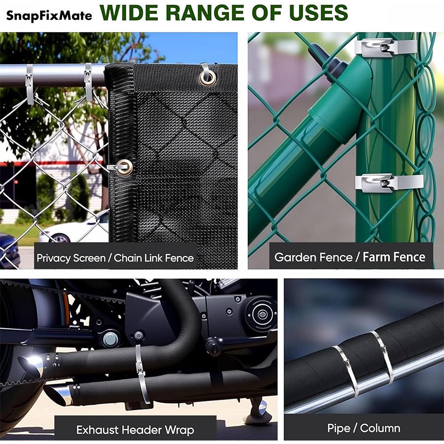 Snapfixmate Metal Zip Ties with Stainless Steel Cable Tie Gun, Special Tool For Fastening and Cutting Steel Zip Ties, 100pcs 11.8in Uv Resistant chain link fence Parts For Fence Exhaust Pipe Outdoor