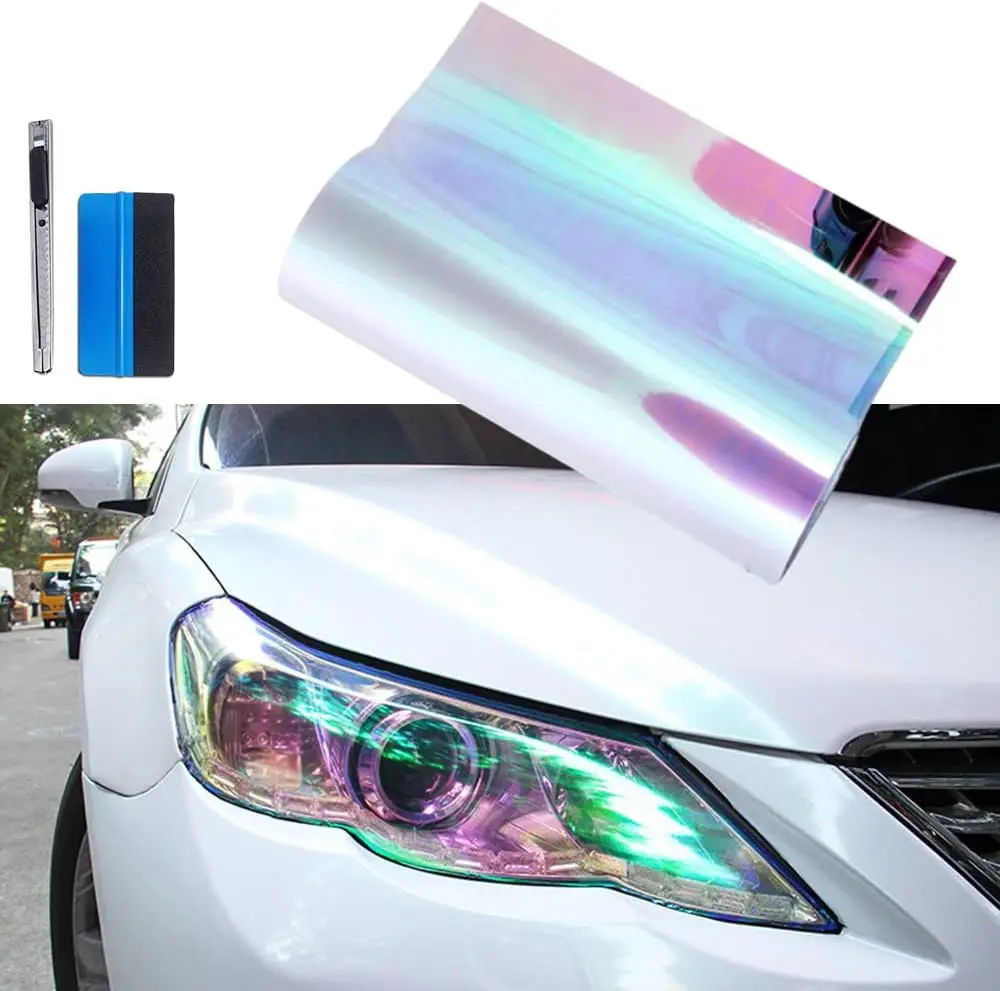 Chameleon Effect Car Headlight & Taillight Vinyl Tint Wrap - 16in x 60in Extra-Wide Self-Adhesive 3-Layer Roll, Transparent, Scratch Resistant, Heat Protective for Any Car/Truck Exterior Lighting Covers