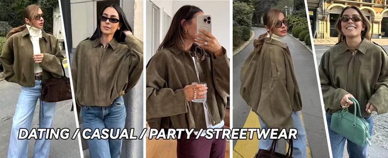 HVEWARM Women's Faux Suede Bomber Jacket Fall Winter Lapel Pilot Coat Casual Oversized Long Sleeves Zip Up Trendy Streetwear Outerwear Soft Luxe Look Classic Trendy Twist