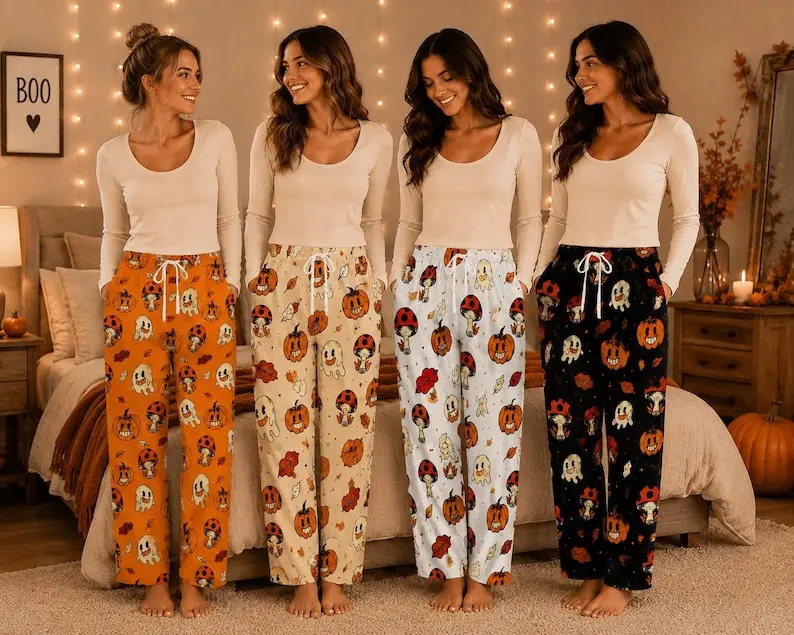 Premium Ghost Pumpkin Halloween Pajama Pants, Women's Wide Leg Pajama Pants, Cute Spooky Lounge Pants, Fall Sleepwear, Halloween Gift for Her