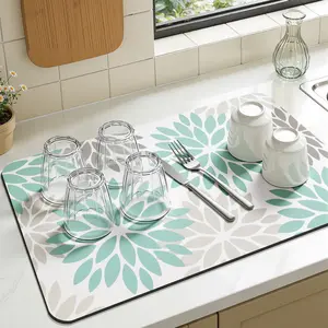 Dish Drying Mat, 12" x 20" Super Absorbent & Cuttable Dish Mat Drying Kitchen Mat with Teal Floral, Hide Stain Drying Mat for Kitchen Counter