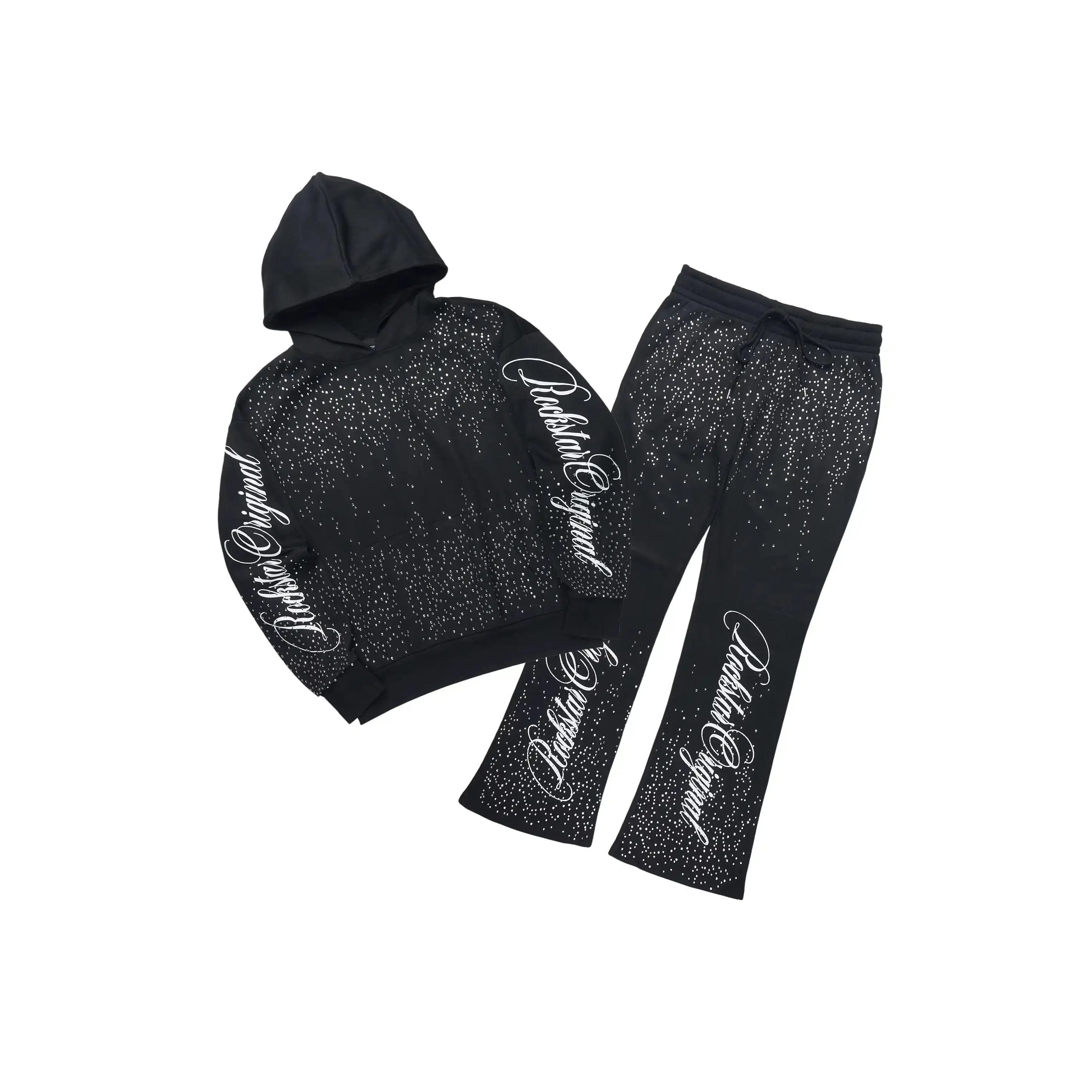 Strayce Black/White Rhinestone Hoodie Relaxed Track Set