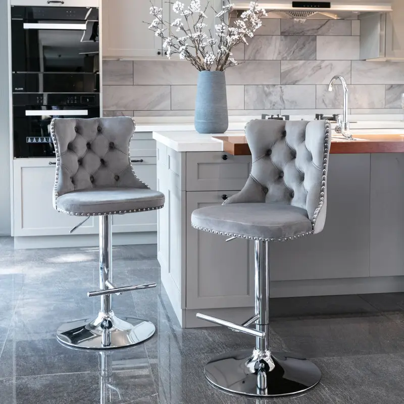 A&A Furniture Retro Swivel Velvet Bar Stools (Set of 2, Gray) - Adjustable Height 25-33in, Tufted Upholstered, Chrome Base with Backs, 18.00"l x 18.10"w x 45.60"h, Durable, Assembly Required Swivel Chairs for Home Pub, Kitchen Island, Rolling, Home Bar, 3