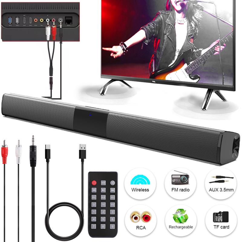 Bluetooth Surround Soundbar Speaker for Smart TV Home Theater Wireless Rechargeable Sound Bar with RCA Cable Remote Control FM Radio 20W Full-Range Drivers