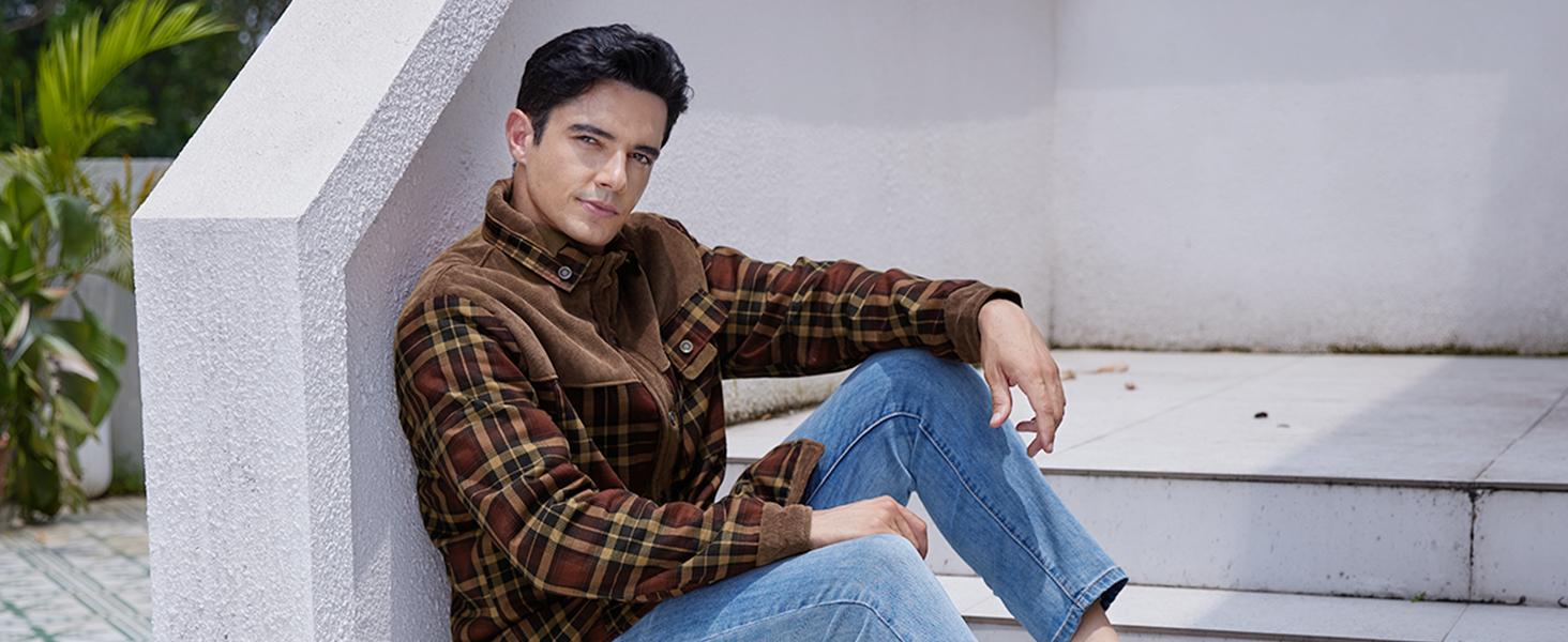 Gihuo Men's Medium Size Fleece Lined Sherpa Plaid Shirt Jacket Outdoor Warm Coats with Snap Button Front Closure & Pockets Armygreen & Cozy Outerwear Classic Menswear Soft Plaid Design Stylish Patchwork Casual Tops Checked Long Sleeve