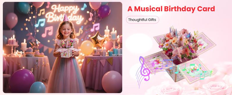 【Valentine's Gift】Musical Flower Card  /3D Pop-Up Butterfly Flower Bouquet Greeting Card for Women - Singing Birthday/anniversaryPop Up Card with Dancing Lights Music 3D Happy Birthday Gifts for Women, Wife, Mom, Grandmother Pastel Color