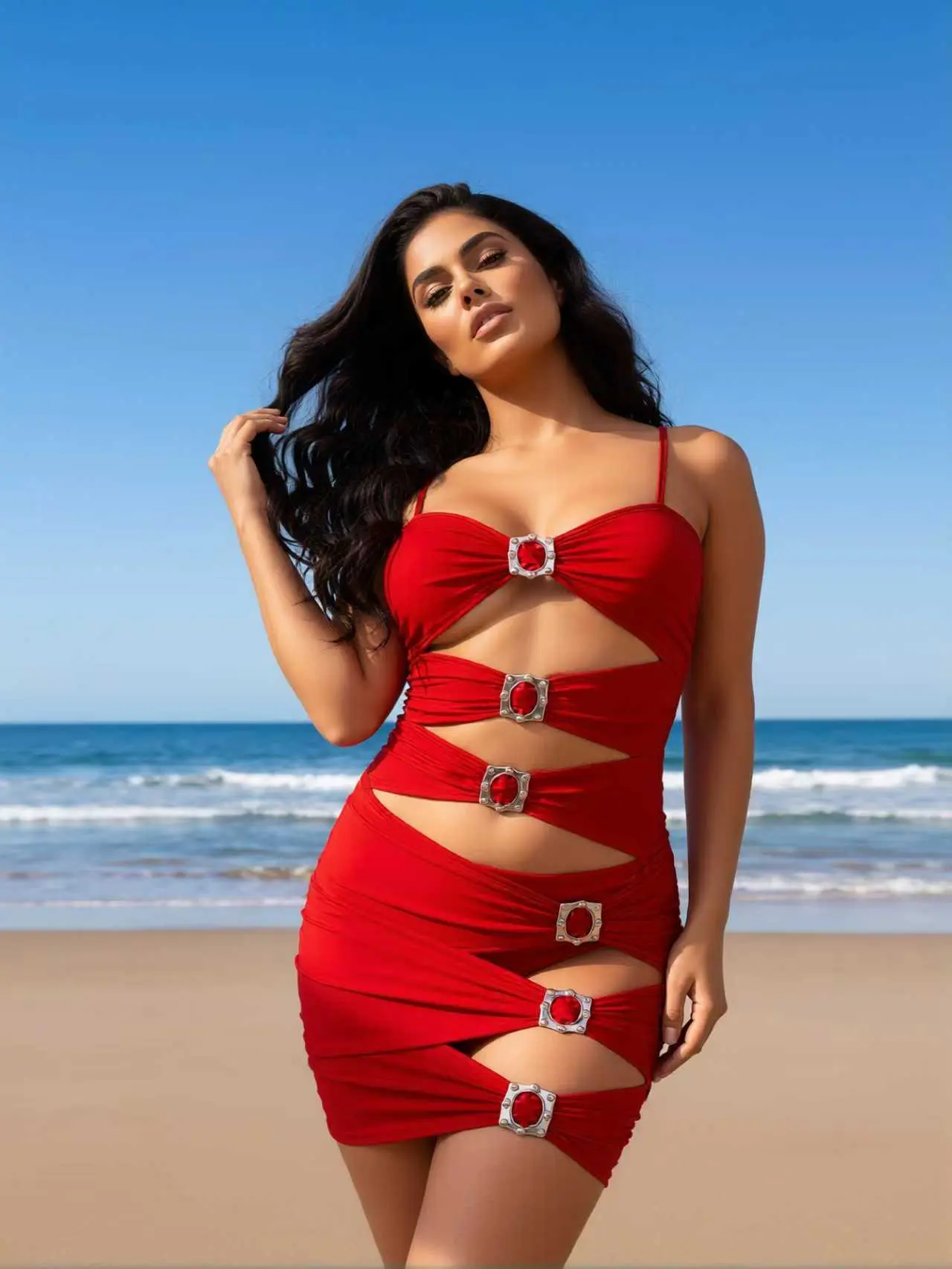 Women's Red Hollow Bikini Set, Sexy Cutout 2-Piece Swimwear with Rhinestone Accents, Glamorous Halter Top for Beach Outings, Bold Beachwear, Rhinestone-Accent, Water Activities, Sexy Personality, Standard Sizes, Two-Pieces
