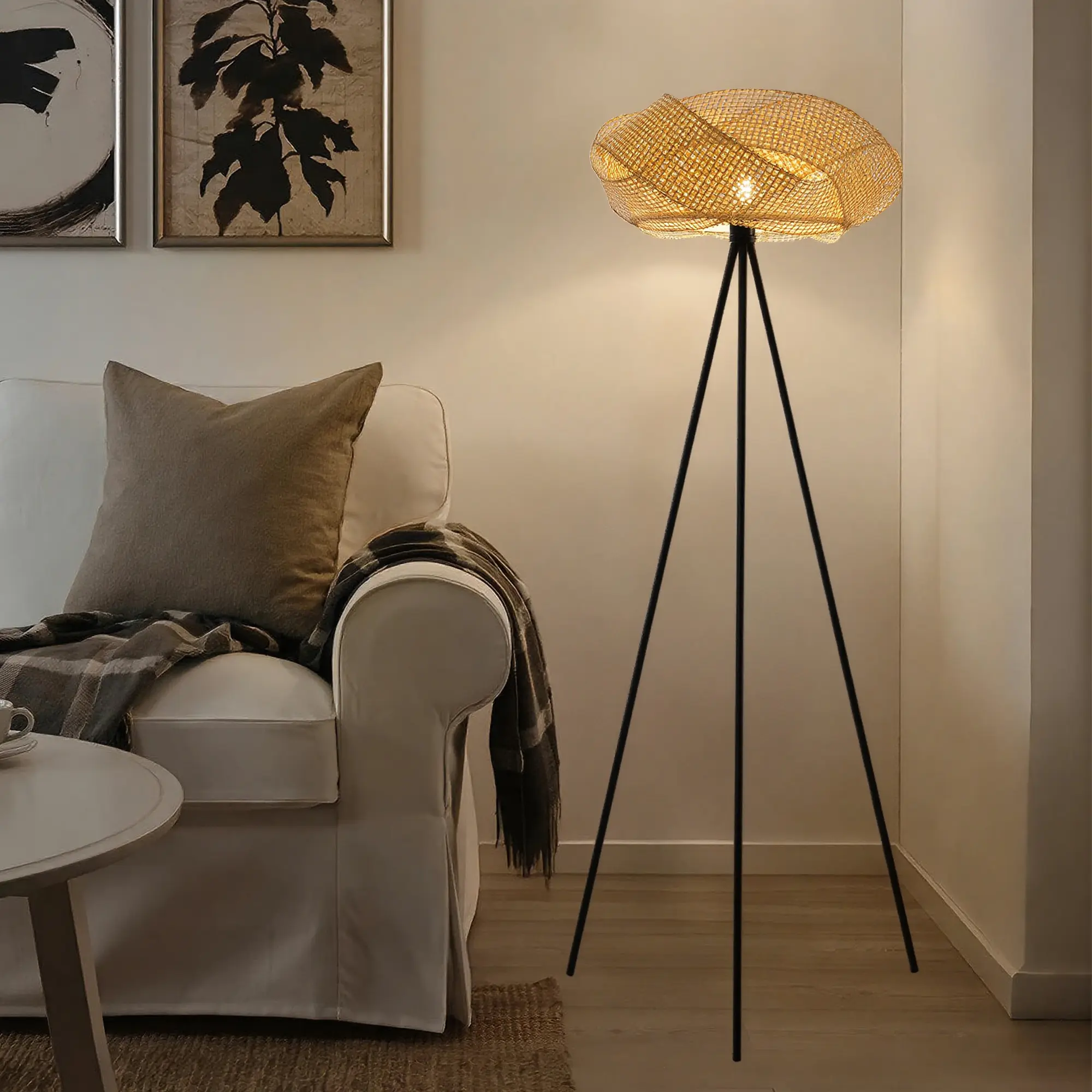 Booniture Modern Boho Bamboo Floor Lamp - Bamboo Bird's Nest Shade, 3-Legged Metal Base, Ft Switch, Stable Tip-Resistant, Bulb Included, Easy Solo Installation, for Living Rooms, Bedrooms, Floor Lamps & Torchieres, WeeklyDeals