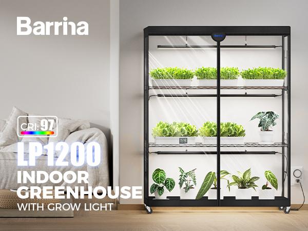 Barrina LP1200 Indoor Greenhouse with Grow Light, 4-Tier Plant Stand with 150W TX-S50 3.2FT 5000K, Full Spectrum Plant Shelf with Tent, Timer & Thermometer for Winter Seed Trays, 47.2 x 13.8 x 59.1IN