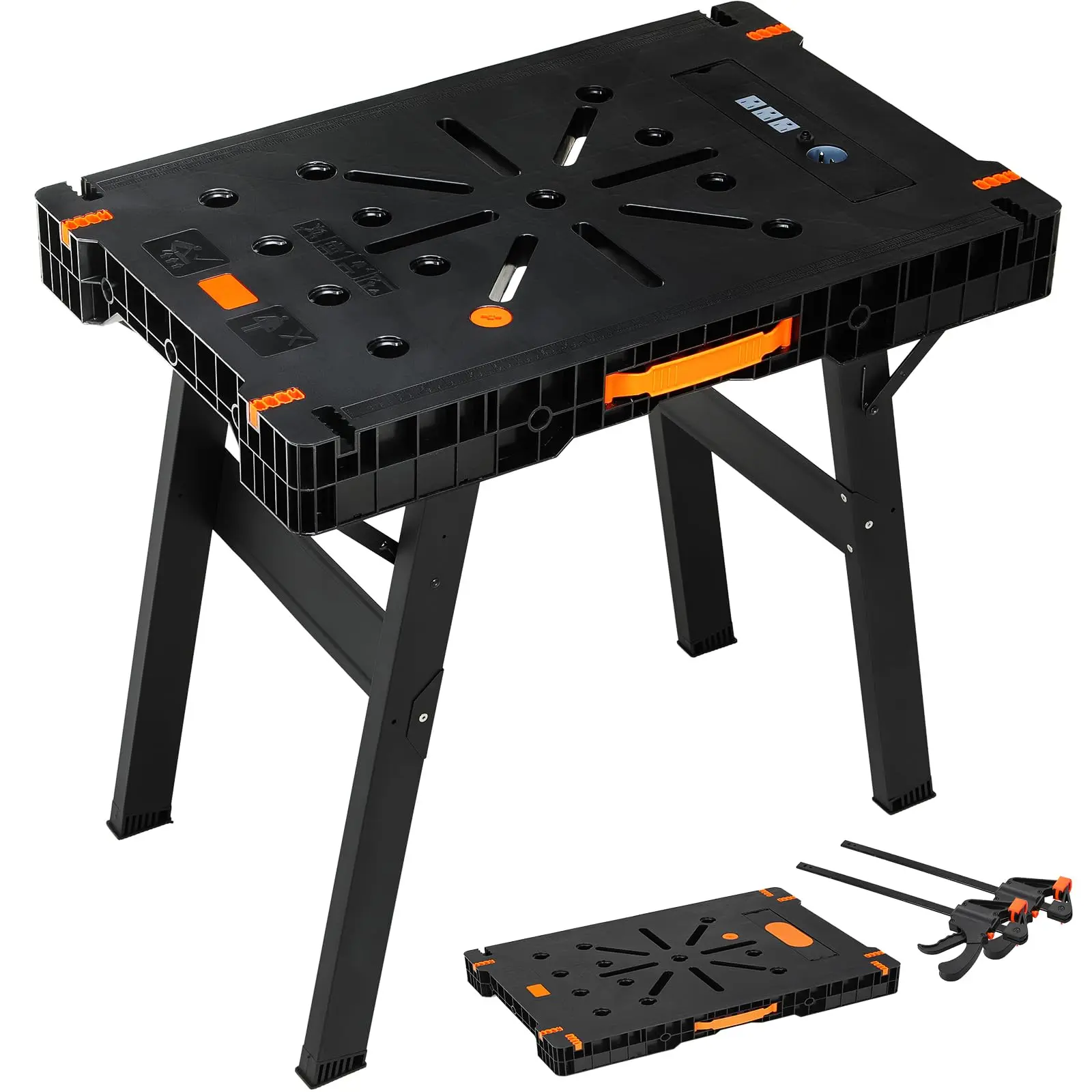 TLGREEN Folding Work Table, Portable Work Table, 34 x 22 in, with 2 Clamps Power Strip, Steel Frame, Non-slip Feet, Easy Setup & Storage, Workbench for Garage Projects, Table-Saw Tasks and DIY