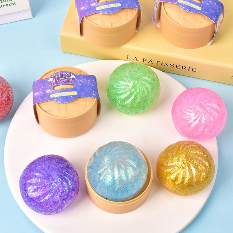 3 Pack Mystery Steamed Bun Squishy Toys, Jumbo Rainbow Dumpling Stress Ball, Soft TPR Sensory Fidget for Anxiety Relief, Stretchy Desk Toys with Food Steamer, Classroom Prizes & Party Favors glitter