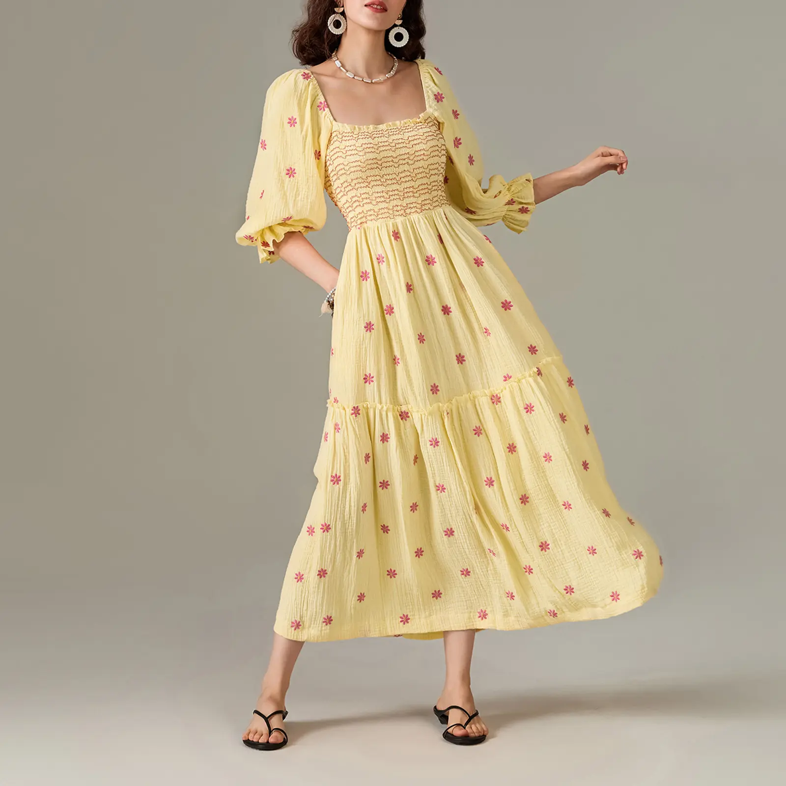 spaghetti strap midi dress flowy Yellow Floral Maxi Dress with Ruffle Detail main image 0