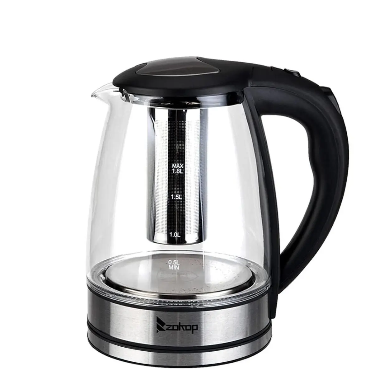 ZOKOP 1200W 1.8L Multifunctional Electric Glass Kettle with US Plug, LED Light, 5-Minute Auto Shut-Off, Boil-Dry & Overheat Protection, BPA-Free, 304 Steel Heating, 360° Easy Docking, Stainless Thermostatic Kettle for Coffee, Tea, Stainless Kettle, Ergono
