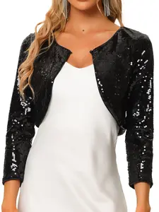 INSPIRE CHIC Sequin Jacket Sparkly Party 3/4 Sleeve Open Front Crop Bolero Shrug Cardigan
