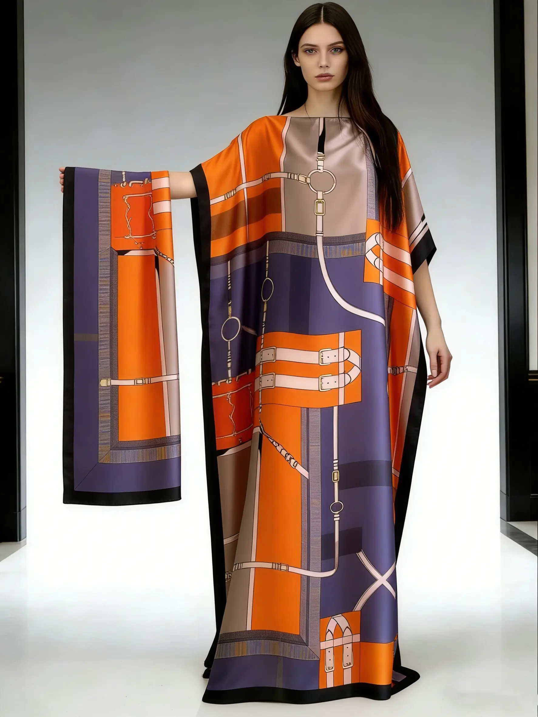 1 Dress+1 Scarf Luxury Printed Kaftan Dress with Matching Scarf, Designer Inspired Maxi Caftan for Women, Beach Cover Up, Oversized Robe, Resort Wear, Modern, Summer Holiday Outfit, Plus Size Kaftan, Boho Casual Kaftan, Boho Loungewear, Gift for Her