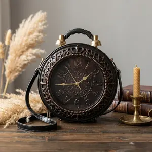 2026 Vintage Steampunk Gold Filigree Clock Crossbody Bag | European Retro Leather Satchel for Women