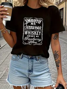 100% Cotton Women's Tennessee Whiskey & Strawberry Wine Print T-Shirt - Smooth as Whiskey Sweet as Wine Slogan, Short Sleeve Crew Neck Casual Blouse for Spring Summer Outfits, Tennessee Whiskey Themed Apparel for Parties & Casual