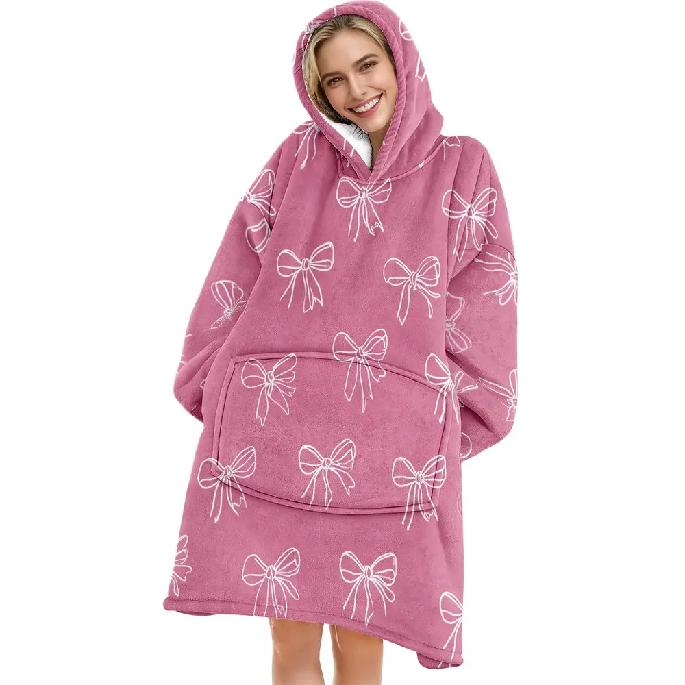 hoodie blanket，Wearable Blanket，Hooded Blanket Wearable Throw, Cozy Hooded Blanket, Bow Print Hooded Blanket, Soft Warm Flannel Blanket, Sofa Cover, Home Leisure, Air Conditioning, Camping Travel Gift，Christmas Gift,Valentine's Day gift