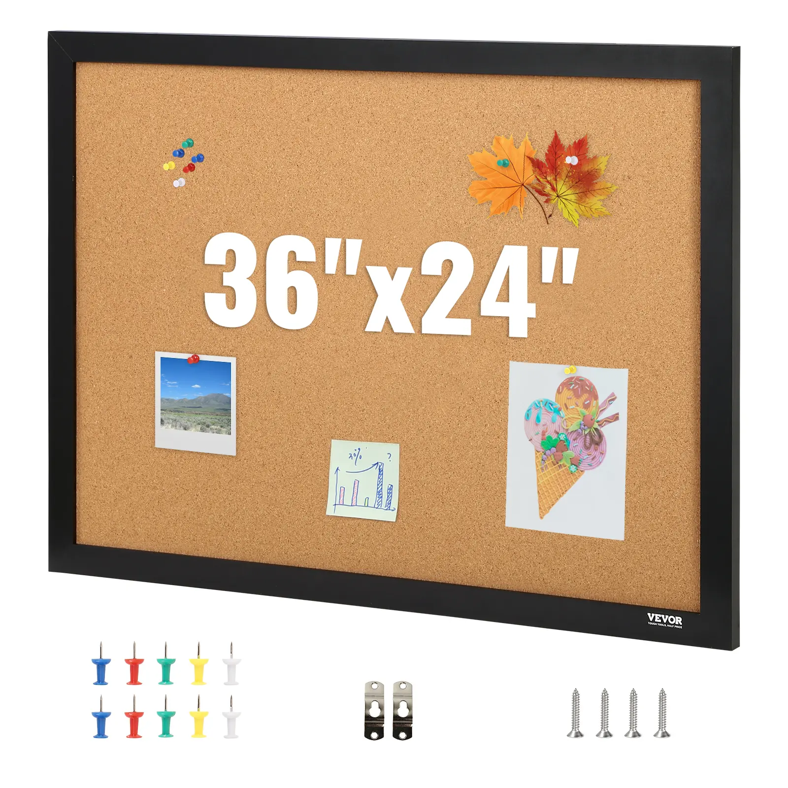 【Summerfinds】VEVOR Cork Board 36x24 inches Bulletin Board with MDF Sticker FrameVision Board Includes 10 Pushpinsfor Display and Decoration in Office Home and School