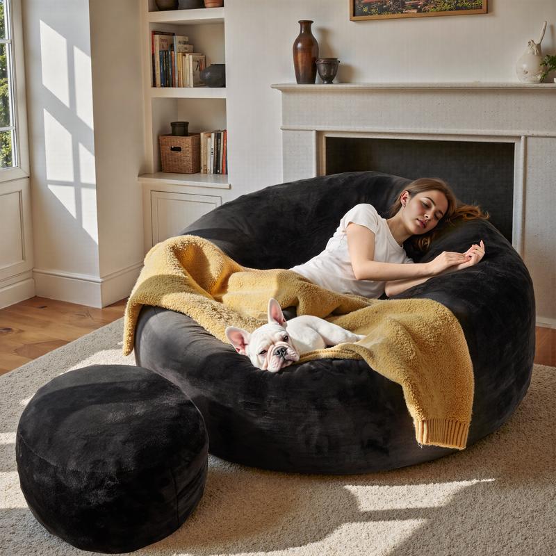 【Jumpstart Sale】Ovios Large 59" W Bean Bag Chair with Ottoman for Adults, Comfy Boneless Round Couch with Foam Filling and Plush Cover, O Shaped Fluffy Sofa Bed for Bedroom College Dorm