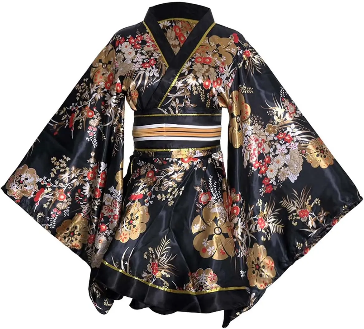 Women's Satin Floral Geisha Lolita Yukata - Traditional Asian Short Kimono Loungewear, Comfortable Belted Bathrobe Sleepwear Outfit, Flowers