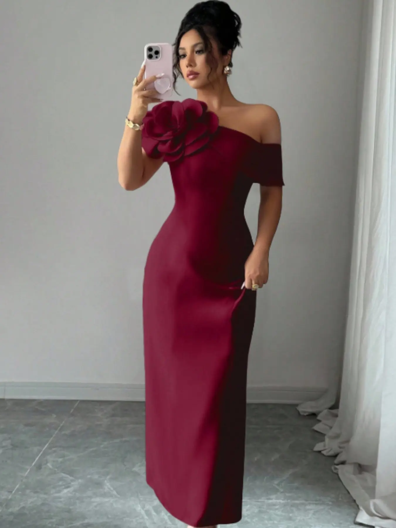 Women's Asymmetrical Shoulder Floral Embellished French Elegant Fashion Party Dress, Stylish Evening Gown for Special Occasions, Elegant Party Apparel