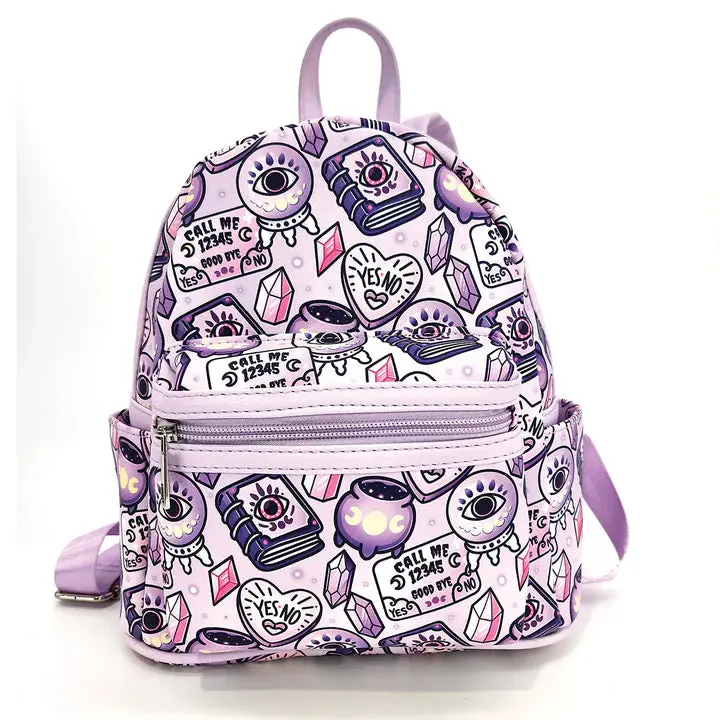 Witch-Themed Character-Inspired Enchanted Print Faux Leather Vinyl Compact Mini Backpack - 5in W x 9.5in H x 9in L, Adjustable Padded Strap, Exterior Side Slip Pockets, Multiple Pockets, Casual Witchcraft Daily Use Bag for Style-Focused Modern Witches, Da