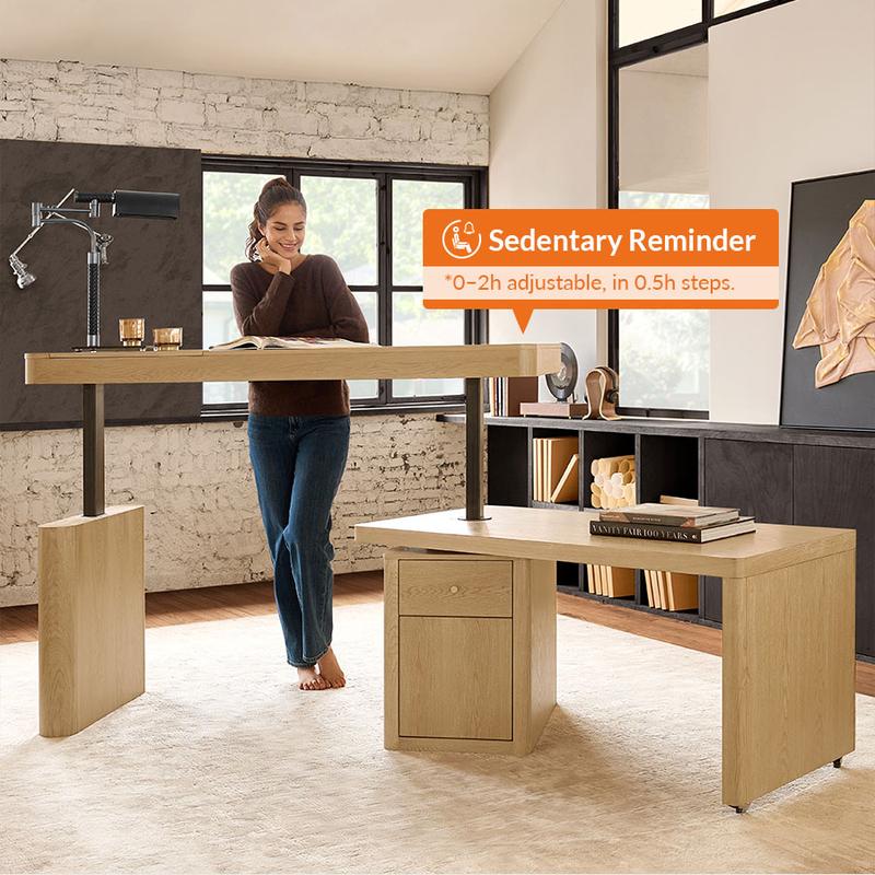 HULALA Veritas Home Office 360-Degree Rotating Desk with Flip-Top Lid Electric Height-Adjustable Design Side Cabinet Drawers Storage L Shaped Wood Finish Ergonomic