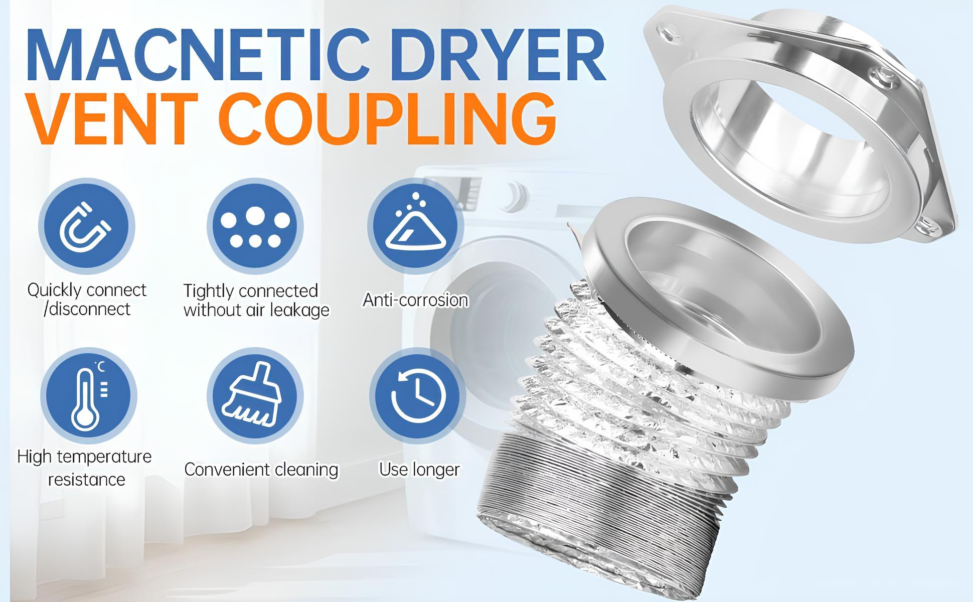 Magnetic Dryer Vent Connector Kit DV180 Airtight Seal Magnetic Dryer Vent Coupler Dryer Vent Hose Coupling Exhaust Hose with 2.6ft 4" Duct and Two Clamps Quick Connect Magnetic Dryer Vent Connector