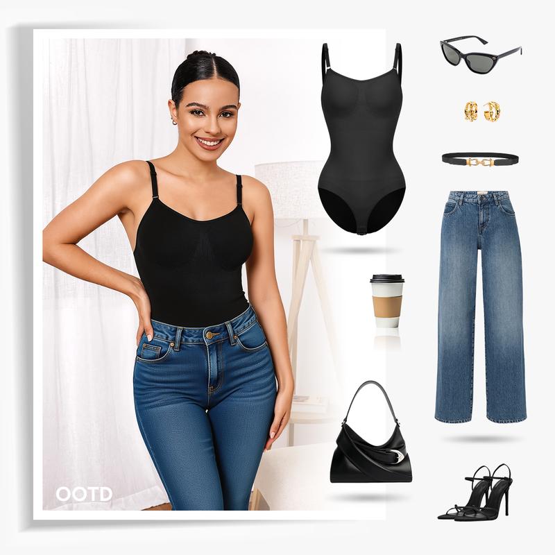 Nebility (Fabric Upgrade) Women's Shapewear Bodysuit - V-Neck Spaghetti Strap, Tummy Control & Hip Lift, Shockproof Basic Bodysuit Womenswear  Minimalist Vneck