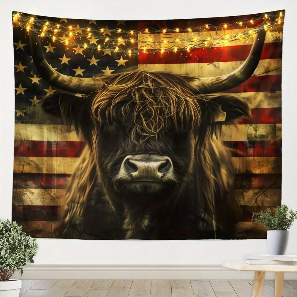 Durable Highland Cow American Flag Starry Sky Pattern Wall Tapestry - Synthetic Polyester Home Textile, Rustic Western Room Art, Lightweight Animals Decor for Indoor-Outdoors Ceiling Hang, Home Decor Gift for Kids, Wall Tapestries