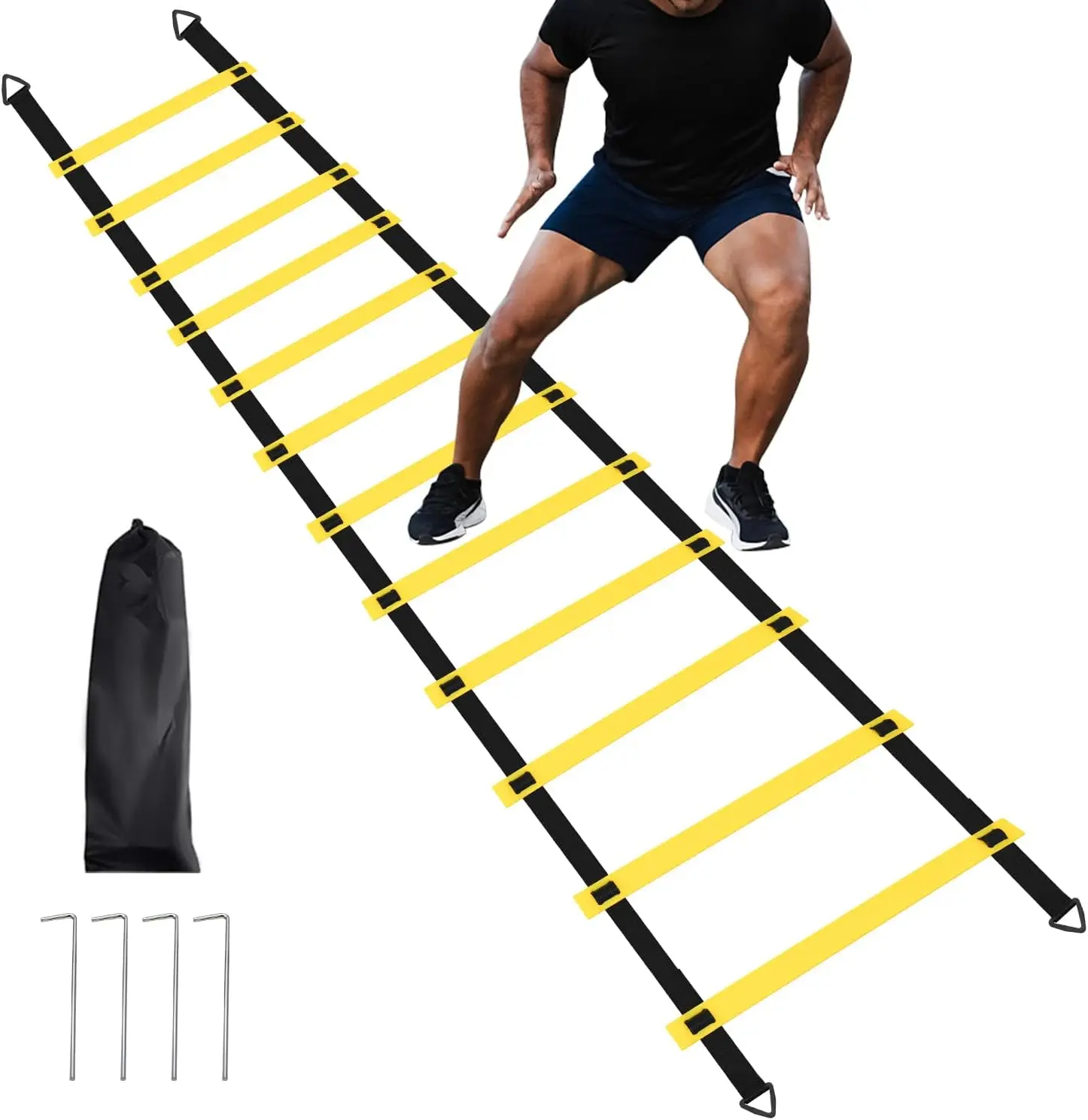 Unisex 12-Rung Adjustable Agility Ladder Set with Steel Stakes, Carry Bag for Kids’ Footwork Drills, Soccer, Sporty Speed & Fitness Training