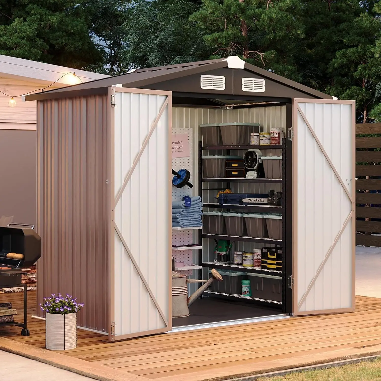 Aoxun 6'x4' Galvanized Steel Outdoor Storage Shed (6×4 ft, 6'x4'w), Floor Included, Sturdy Compact Metal Build, Weatherproof Ventilated Double Doors, Assembly Required for Tool & Bike Storage, Detailed Instructions
