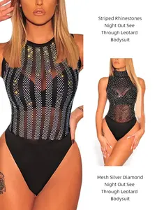 Women's Rhinestone Sheer Mesh Bodysuit - Sexy Sleeveless Turtleneck See Through Leotard Top for Night Out & Clubwear
