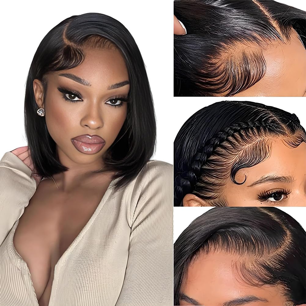 Bob Wig Human Hair Glueless Wigs Human Hair 13x4 HD Lace Front Wigs Pre Plucked Pre Cut 180% Density Short Straight Bob Wigs for Black Women 8 Inch