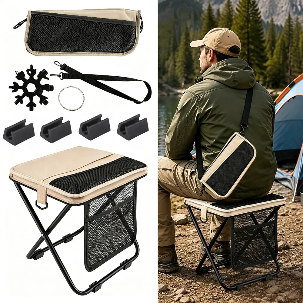 Portable Foldable Seat Stool - 12in Tall Collapsible Backpack Stool with Storage Pouch, Hands-Free Carry, 300lbs Capacity, Lightweight for Camping, Fishing, Concerts (Outdoor Seating Multitool Accessory), Foldable Seat Stools, Lightweight Foldable Stool