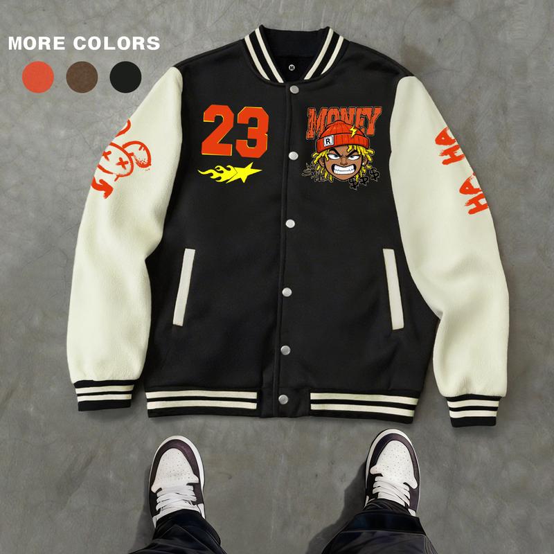 Men's Baseball Jacket Polyester Durable Wind-Resistant Orange & Apricot Colorblock Money, BOY, Rabbit, "$" Graphic Varsity Coat Y2K Vintage Retro Classic Old-School Casual Sports SWAG Streetwear Light Fleece-Lined Winter Jacket Trendy Gift for Boyfriend