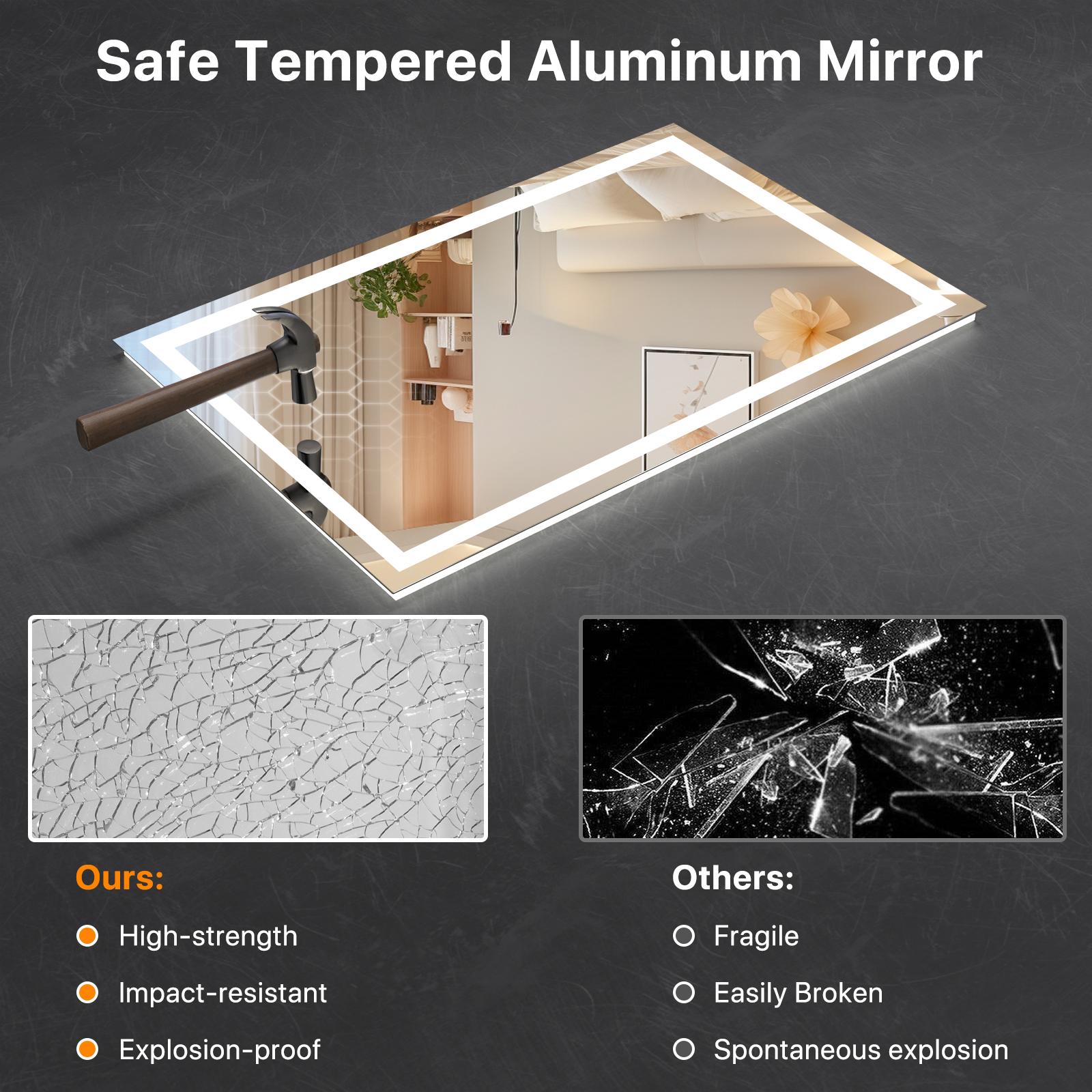 GLITGATE LED Bathroom Mirror with Lights, Over Sink Bathroom Mirror, Dimmable Bathroom Mirror with Touch Control, 3-Color Options, Wall Mounted, Defogging & Memory Timing Function, for Bedrooms, Closets, or Hallways, Tempered Glass