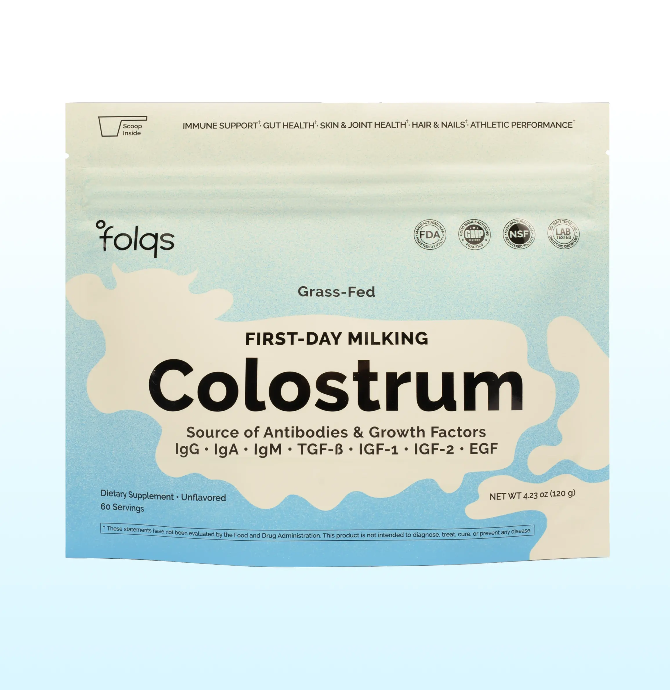 Folqs Bovine Colostrum Powder, First-Day Milking, Grass-Fed and Pasture-Raised, Immune and Gut Health Support, 420mg IgG, 60 Servings