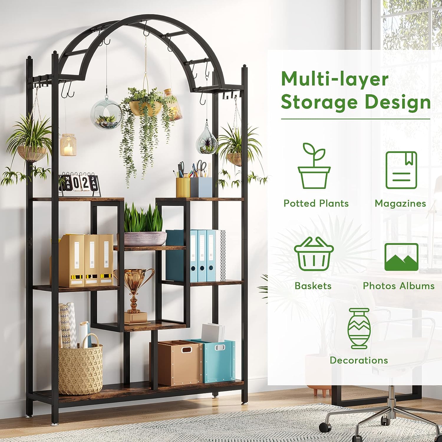 Tribesigns 74.8" Tall 5-Tier Tall Indoor Plant Stand Hanging Hooks Metal Decor Racks Metal Shelf Organiser Wood Photo Wooden Hangable